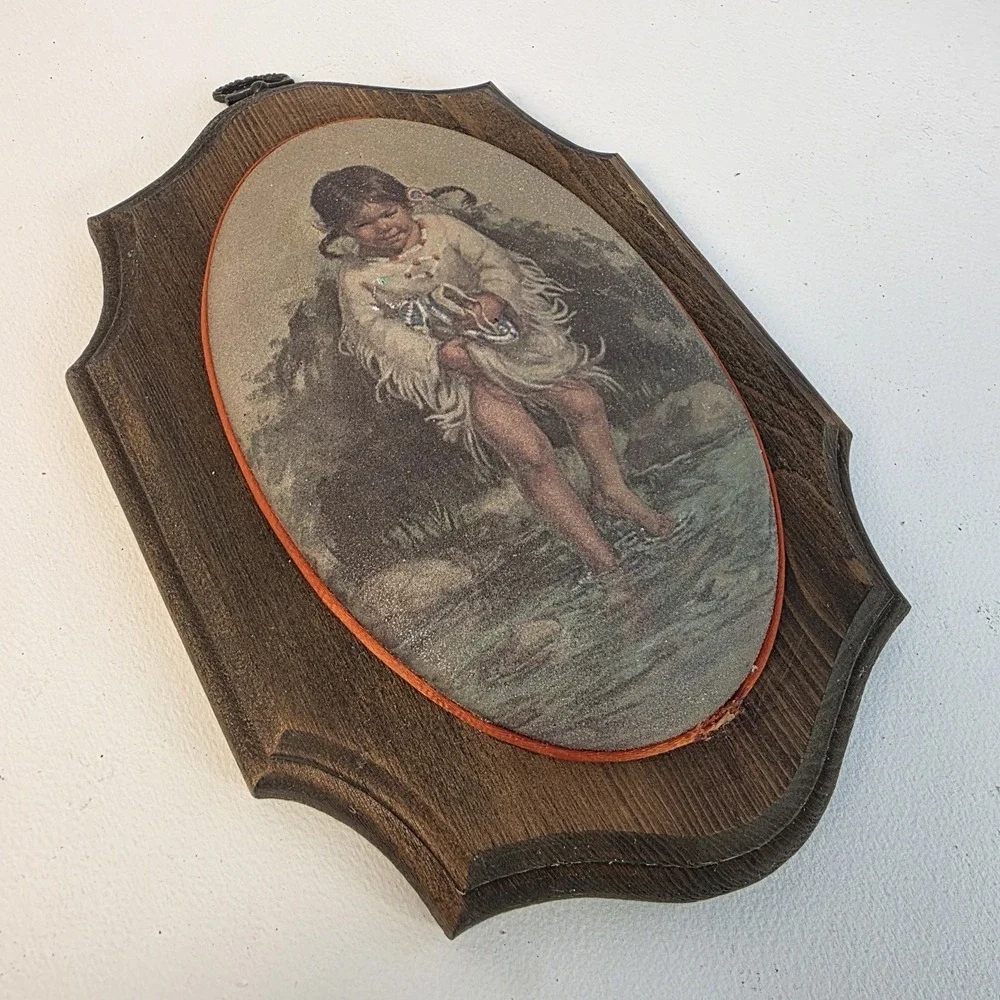 Vintage Beaded Sugar Glass Wall Art Plaque Native American Girl Vel Miller Print